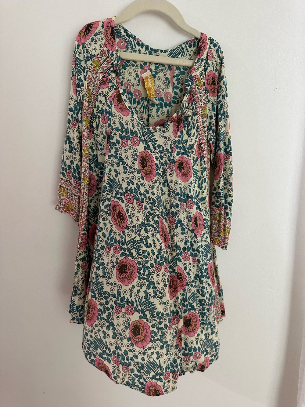 Natalie Martin Floral Long Sleeve Dress in Pink, Teal and Cream
